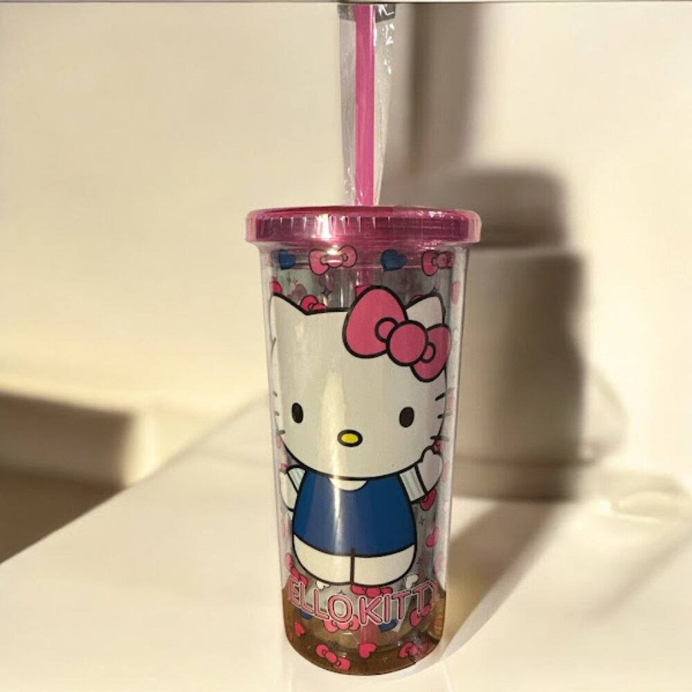 NEW~ Hello Kitty 20 oz Traveling Tumbler~ Pink/Clear~ Bow Print~ Cuteee (H21)